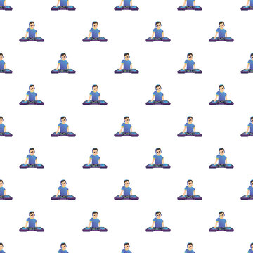 Cartoon djs spinning tracks with headphones at a mixing console creating a repeating pattern