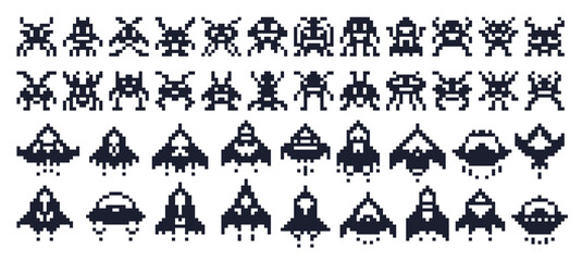 8 bit pixel art space ships and alien invaders characters, robots and viruses game asset. Nostalgic arcade spaceships, alien invaders, quirky robots and virus characters for indie game development © Seavector
