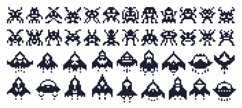 8 bit pixel art space ships and alien invaders characters, robots and viruses game asset. Nostalgic arcade spaceships, alien invaders, quirky robots and virus characters for indie game development