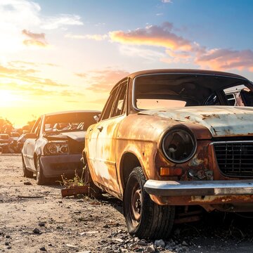 Weathered cars sit in a junkyard bathed in warm sunlight. Rusty exteriors, missing parts, and a sunset create a scene of decay