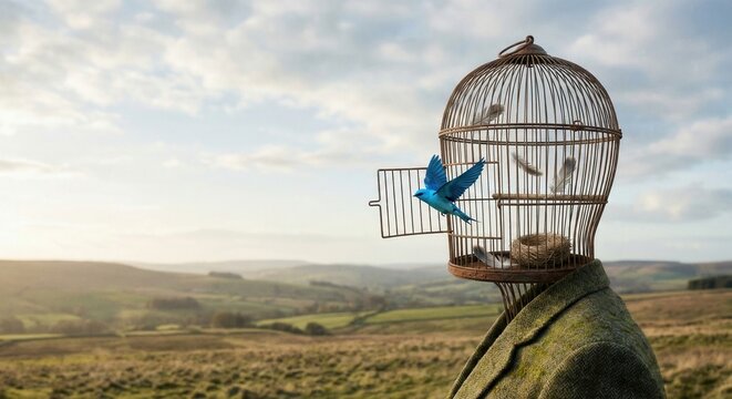Bird escaping cage on human head, symbolizing freedom of thought