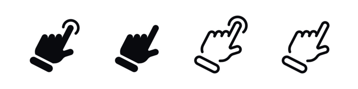 Finger press icons set indicating touch gesture in black and white silhouette style