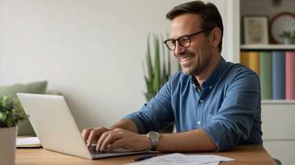 Fototapeta premium Smiling businessman working on laptop, office workspace, professional man typing on computer, desk with papers