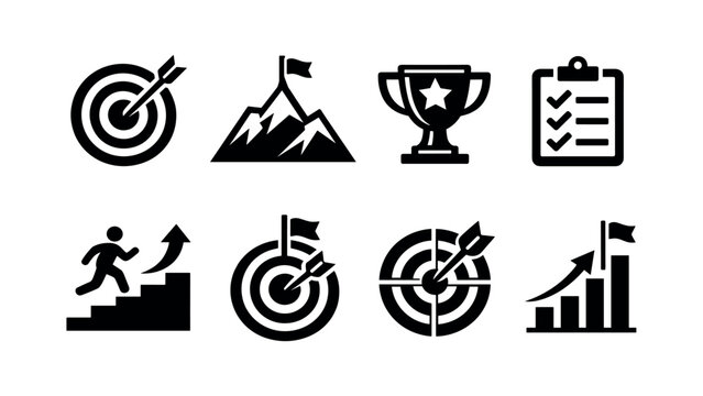 Business achievement icons set, target goals trophy checklist success, black and white vector silhouettes