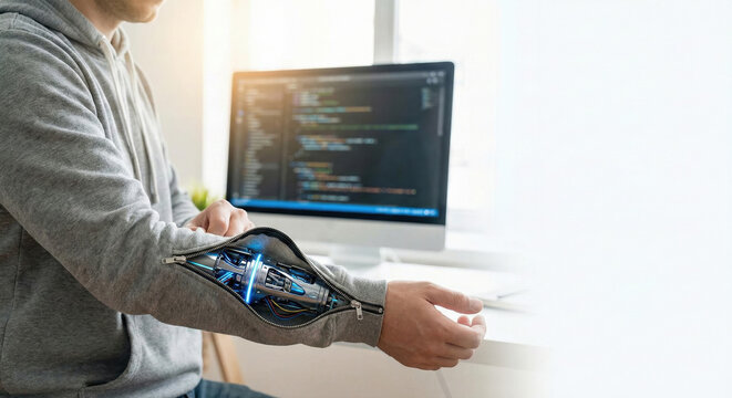 Person with cybernetic arm and computer coding in the background