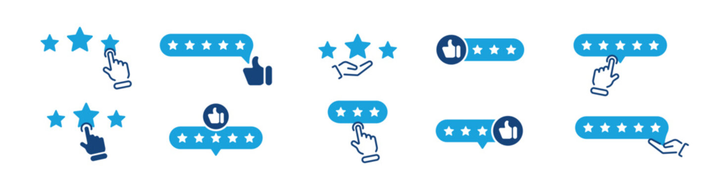 Blue and white star rating icons with hands buttons and thumbs up in flat vector style