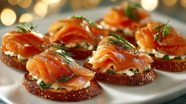 We need to produce exactly five lines, each a rephrasing of the original sentence: "&lsquo;Mini bruschettas with ricotta cheese, raw salmon, sesame seeds and balsamic glaze on toasted baguette slices,