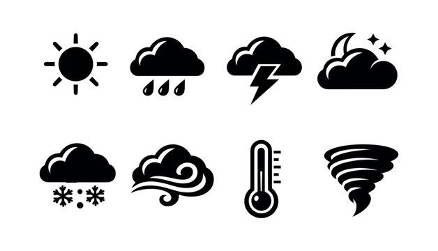 Weather icons set with sun clouds rain and snow elements in black and white vector style