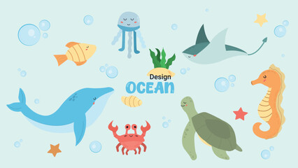 Obraz premium Ocean Animals Collection. Perfect for kids' educational materials, nursery decor, and summer designs. Flat vector illustration of marine life isolated on a light blue background with bubbles, stars.