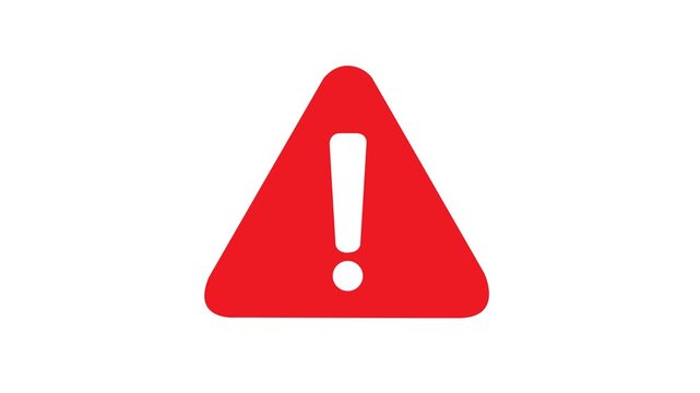Red flat exclamation mark warning icon on white background, simple minimalist caution triangle, clean emergency alert symbol for web-4k WHITE background icon animation