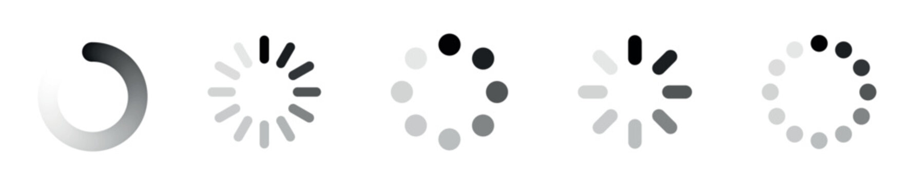 Set of loading icons in black and white circular progress symbols vector illustration