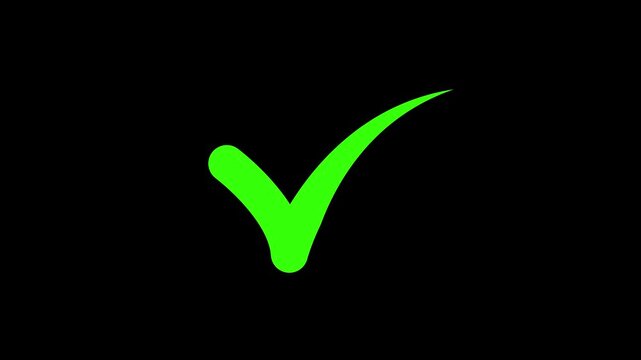 Green checkmark animation and green screen background. Tick symbol animation, success failure correct signal intro template.4k black background icon animation