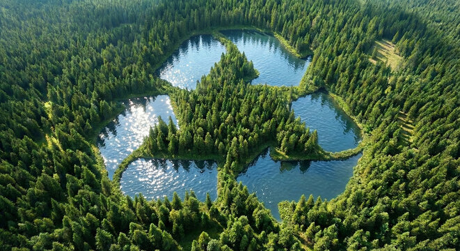 Aerial view of a forest and lakes forming a clear recycling symbol