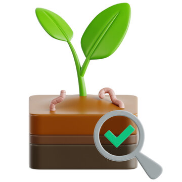 3D soil layers with plant sprout earthworms and magnifying glass check