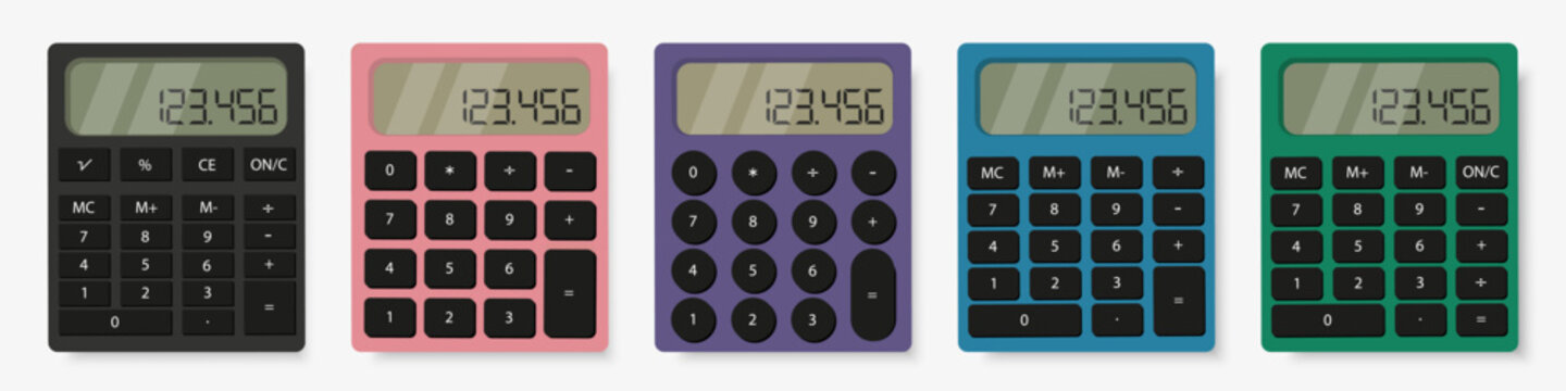 Calculators collection with digital screens and numeric buttons layouts. Office tools for accounting and financial calculations