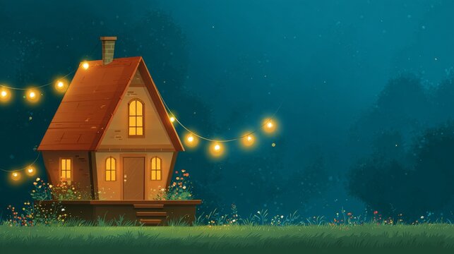 Outdoor lighting and a cozy living room in a cartoon of a home at sunset, taken with a Nikon Z7 35mm lens