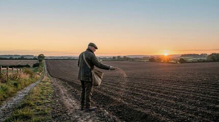Fototapeta premium Farmer sowing seeds in a ploughed field at sunrise. Representation of the parable of the sower. Spiritual growth, faith, biblical agriculture metaphor and traditional farming concept.