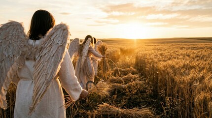Fototapeta premium Group of women as angels harvesting wheat in field at sunset. Concept of biblical reaping and spiritual sacrifice. Catholic religious art style showing divine beings for worship.
