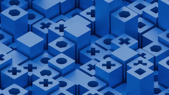 Blue 3D blocks with cutout symbols in a digital grid. Abstract animation 4k seamless looped video 3d render.