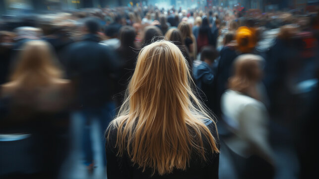 Rear view of a blonde woman standing in a blurred crowd of people in a busy indoor public space with soft blue lighting and shallow depth of field.