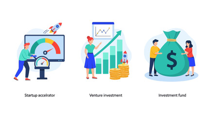 Naklejka premium Start up accelerator, Venture investment, investment fund. Business incubator abstract concept vector illustration set.