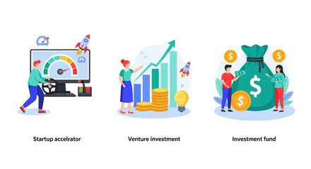 Fototapeta premium Start up accelerator, Venture investment, investment fund. Business incubator abstract concept vector illustration set.
