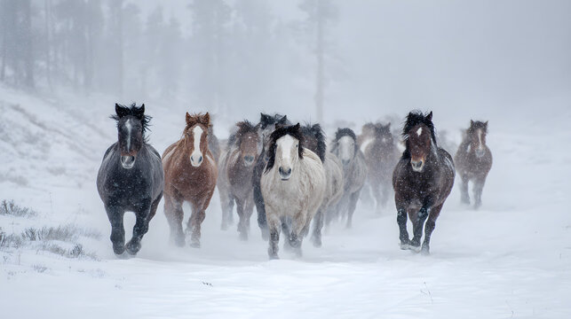 A herd of wild horses charges through a snowstorm, the wind whipping their manes as they bravely navigate the wintry wilderness. Capturing a moment of raw energy.