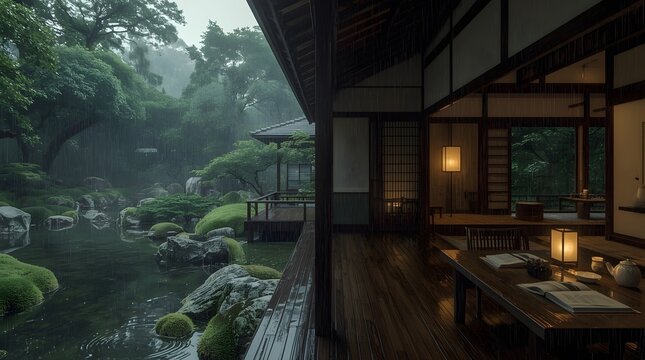 Serene Traditional Japanese House and Garden on a Rainy Day