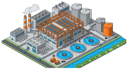 Naklejka premium Isometric Industrial Complex with Water Treatment Facilities and Factories.