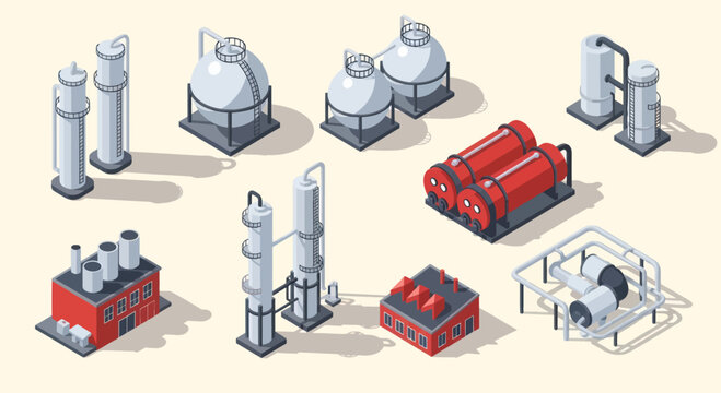 Isometric Industrial Equipment Set for Chemical and Oil Refineries.