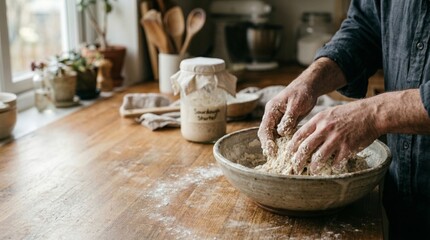 Fototapeta premium Man kneading sourdough bread dough in ceramic bowl at home kitchen. Artisan baker preparing traditional bread making process. Rustic culinary hobby and organic craft food preparation concept.