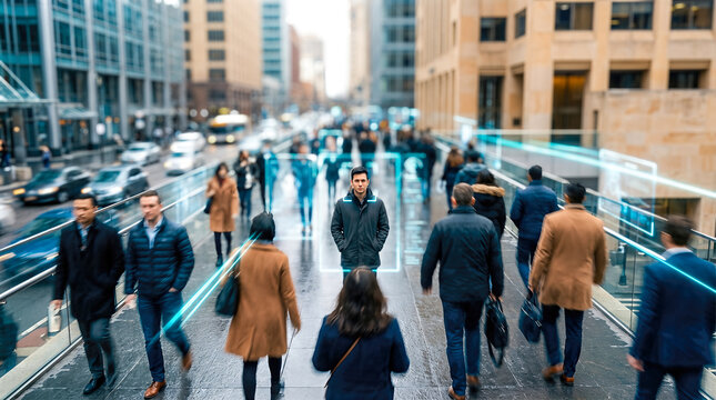 Businessman standing in a busy urban street surrounded by pedestrians, buildings, and vehicles, with digital surveillance elements integrated into the scene