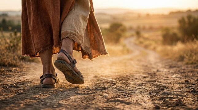 Jesus Christ walking on dirt path in golden sunset. Biblical figure wearing robe and sandals traveling through desert landscape. Faith, spirituality and religious journey concept.