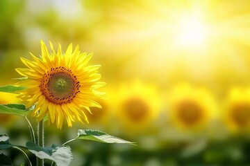 Obraz premium Bright Sunny Close-Up of a Sunflower Blossom Against a Blurry Gold Sunflower Field Background