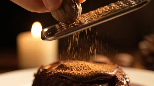 A close-up of grated cocoa dusting a rich chocolate dessert.