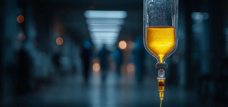 The IV drip, seen in close-up, is connected to the patient's arm, providing intravenous infusion of medicine, saline fluid, and drugs within a lab, reflecting the healthcare care concept and the