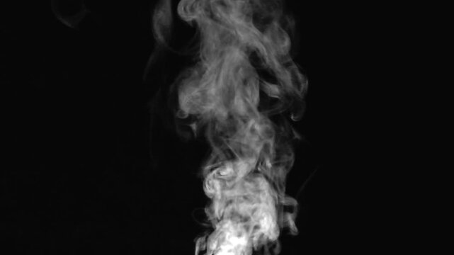 White hot curly steam smoke isolated on black background. Abstract background, design element, for overlay on pictures. Create mystical video