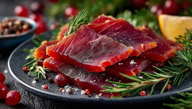 A dark plate holds thin slices of red dried meat, spiced, functioning as a beef jerky or biltong snack seasoned with pepper and herbs, noting its savory protein texture