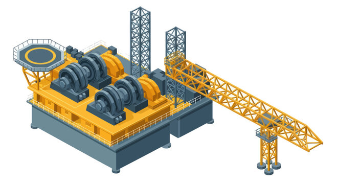 Isometric offshore oil rig platform with crane and helipad.