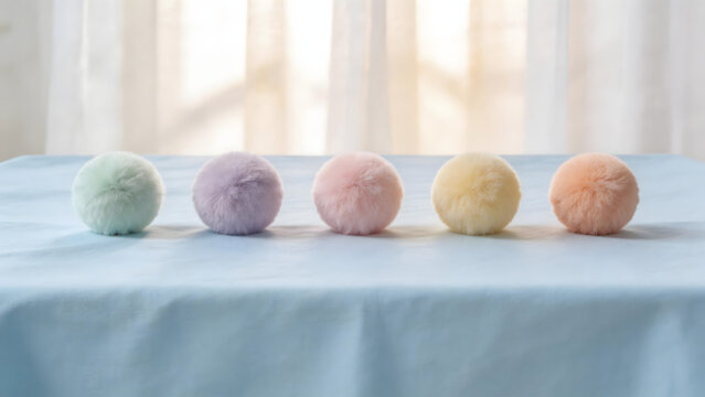 Colorful fluffy pom poms on table