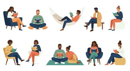 Fototapeta premium Collection of illustrations showing diverse people relaxing and reading books in various settings, including chairs, hammocks, and on the floor.