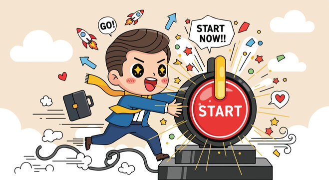 Energetic businessman pushing a large red start button to launch his new business venture with rockets and arrows