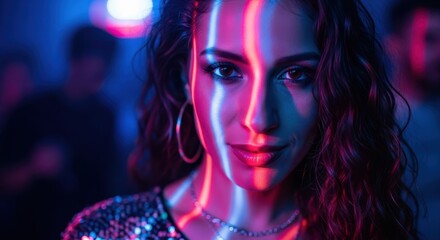 Obraz premium Captivating woman in neon glow at a vibrant nightclub.