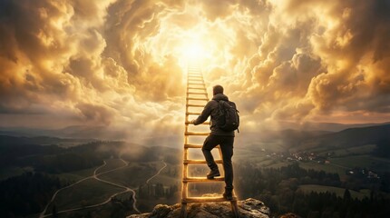 Man climbing ladder leading to light in sky. Symbolic journey toward heaven and divine connection. Spiritual aspiration and religious concept representing faith, hope and breakthrough.