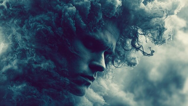 He stands beneath an overcast sky, his thoughts turbulent like the clouds, facing anxiety and depression, mental fog, and a yearning for clarity