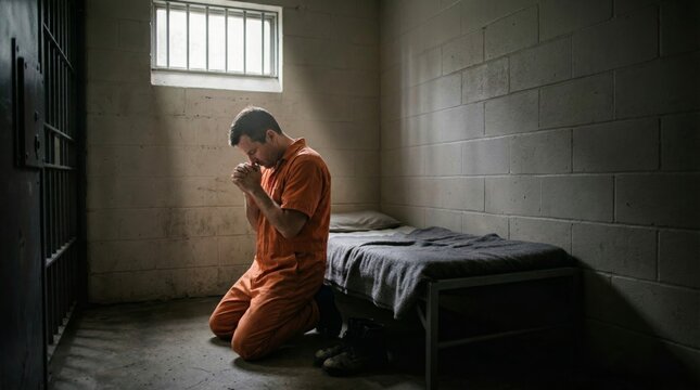Prisoner in orange uniform kneeling and praying in dark jail cell. Man seeking forgiveness and hope behind bars. Spiritual redemption and faith concept inside prison environment.