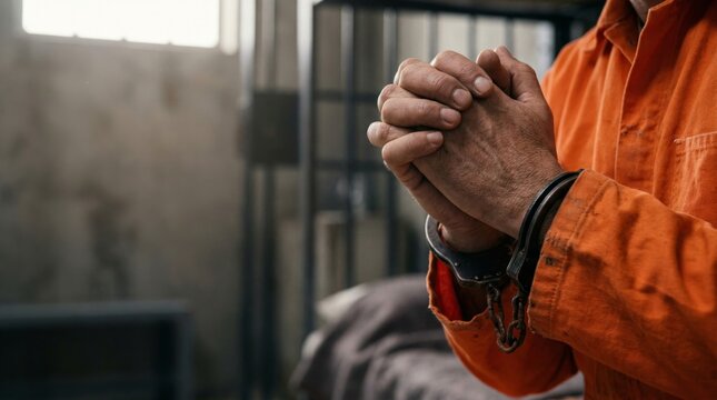 Prisoner wearing handcuffs praying with hands clasped together. Man in orange jumpsuit inside jail cell. Religious faith and hope during confinement. Concept of redemption and spirituality.