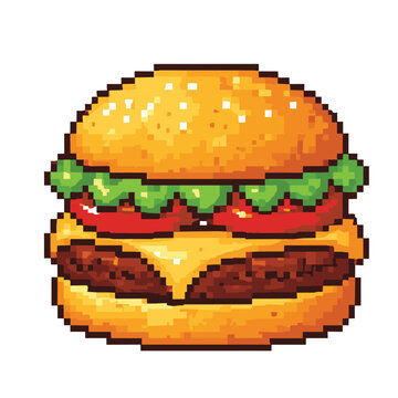 A classic pixel art burger hamburger cheeseburger fast food beef patty with cheese tomato and lettuce