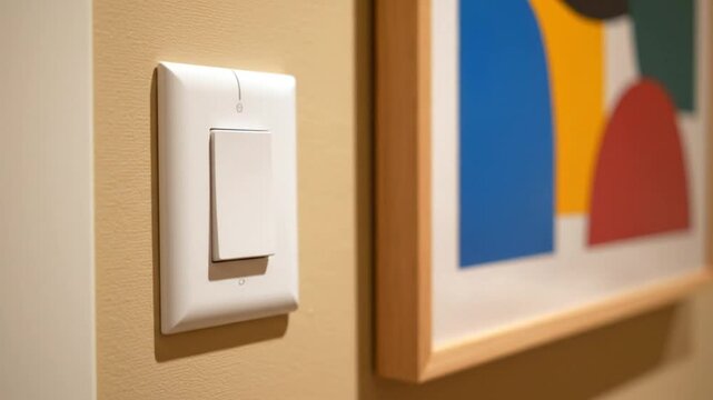 Activating a white smart home light switch on a tan wall with artwork displayed in the background