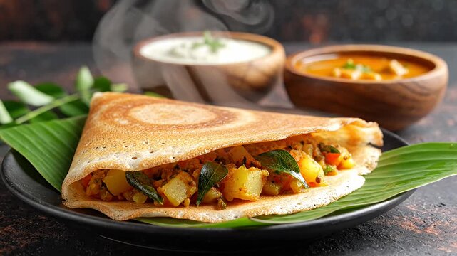 Crispy South Indian masala dosa with potato filling and chutneys